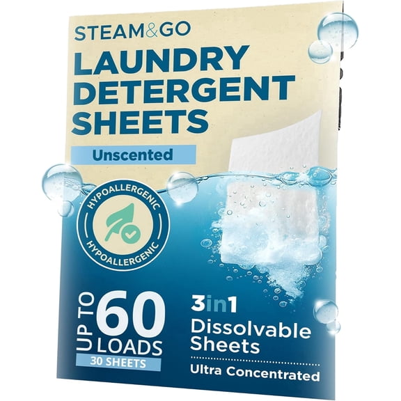 STEAM AND GO 3-in-1 Ultra Concentrated Dissolvable Laundry Detergent Sheets, Unscented, 30 Count