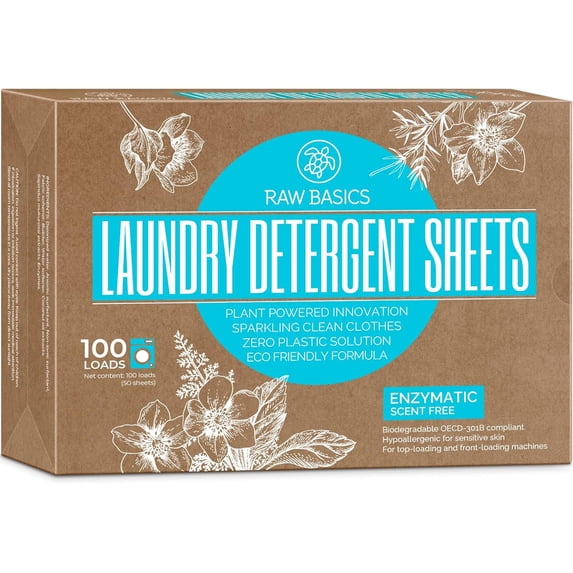 Laundry Detergent Sheets Unscented - Zero Waste, Plastic and Scent Free, Natural Soap - Travel Size Essentials for Washing Clothes, 100 Loads (Unscented)