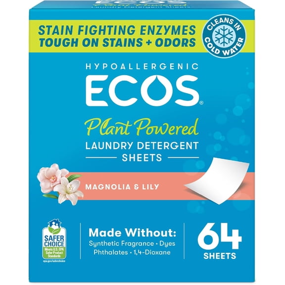Laundry Detergent Sheets Vegan, No Plastic Jug, No Mess, Liquid Free - Hypoallergenic, Plant Powered Laundry Detergent Sheet - Magnolia & Lily - 64 Count (Pack of 1)