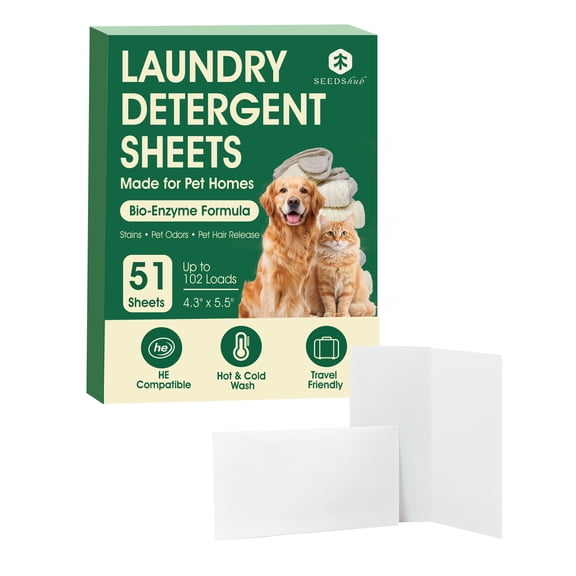 Seedshub Pet Laundry Detergent Sheets, 51 Sheets Up to 102 Loads, Eco-Friendly Laundry Sheets for Stains & Pet Odors, Bio-Enzyme Formula, Light Cedar Scent, Pet Hair Release, HE Washer Compatible