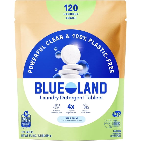 Laundry Detergent Tablets, 120 Count, Plastic-Free Eco-Friendly Pods, Sheets, Liquid Alternative - Fragrance Free and Clear, Natural, Gentle