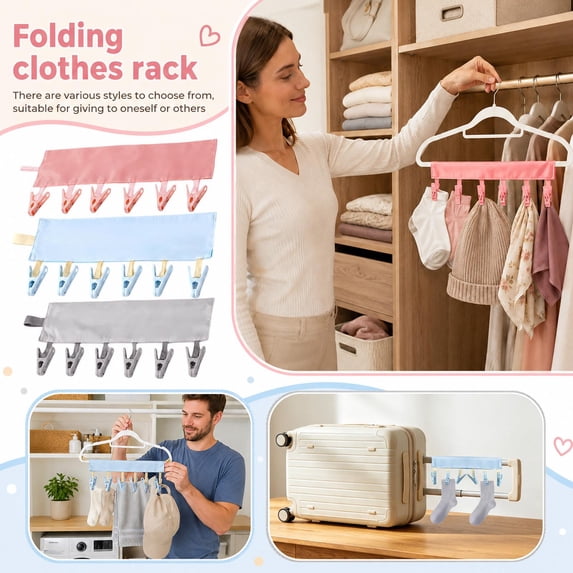 Laundry Drying Rack, Portable Clothes Rack, Foldable Clothes Drying Rack, Travel Clothesline, Light Blue Folding Travel Hanger with 6 Durable Clothes Clips, Securing Nylon Strap,