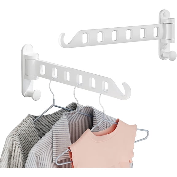 Laundry Drying Rack Wall Mounted - Swing Arm Clothes Hanger with 6-Hole, 180 Rotation Coat Hanger Holder, Foldable Valet Hook for Laundry Closet (2-Pack, White)