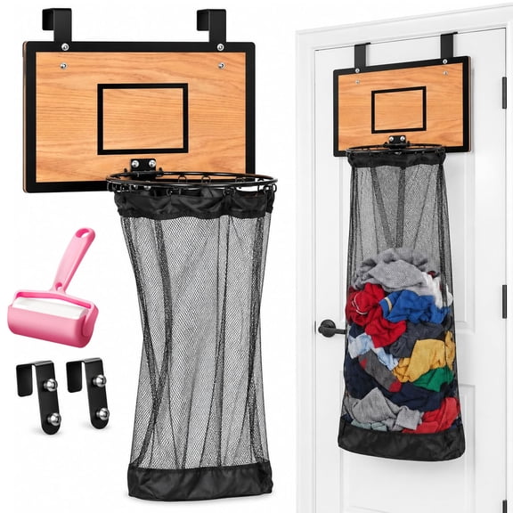 Laundry Dunk Basket, Basketball Hoop Laundry Hamper, Hoop Laundry Basket Over The Door, Room Decor, Makes Cleanup Fun, Bottom Zipper For Easy Unloading, Simple Assembly And Installation