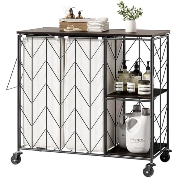 Laundry Hamper with 2 Compartments, 135L Rolling Laundry Basket with Lid, Shelves, Iron-Made Laundry Cart with Wheels, Removable Liners, Laundry Room Organization, Black and White