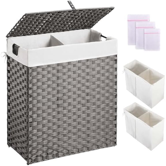 Laundry Hamper with 2 Removable Liner Bags - 90L Divided Clothes Hamper, Handwoven Synthetic Rattan Foldable Laundry Basket with Lid and Handles Gray (18.3x13.3x24.0Inches)