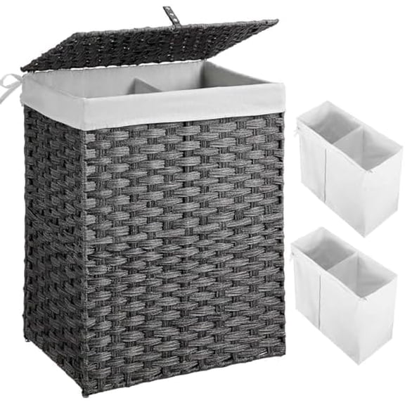 Laundry Hamper with 2 Removable Liner Bags - 90L Divided Clothes Hamper, Handwoven Synthetic Rattan Foldable Laundry Basket with Lid and Handles Gray (18.3x13.3x24.0Inches)