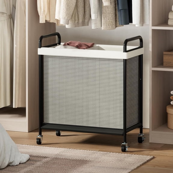 Laundry Hamper 2 Section, 100L Rolling Laundry Basket with wheels and Removable Liner Bag, Double Laundry Sorter with Metal Handle, Clothes Hamper for Laundry Room, Bathroom and Dorm, Beige