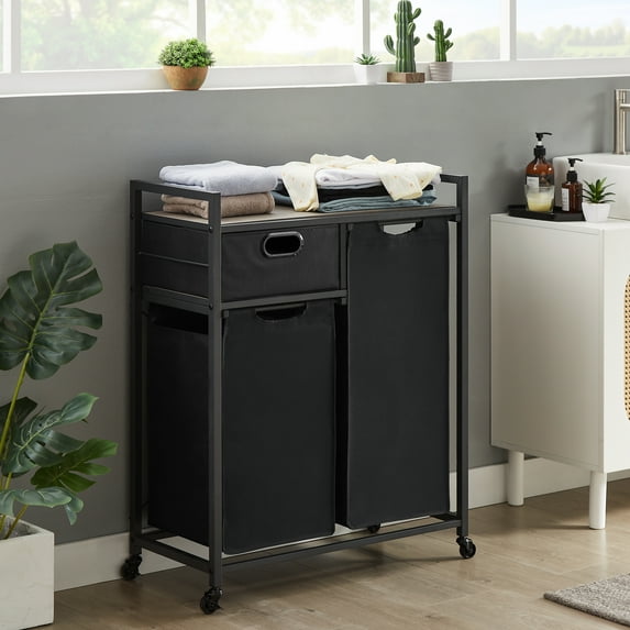 3-Compartment Laundry Sorter, Home 2-Tier Laundry Hamper with 1 Drawer and 2 Laundry Sort with Bags, Classify Laundry Basket for Organizing Underwear, Socks and Dark/Light Clothes, Gray