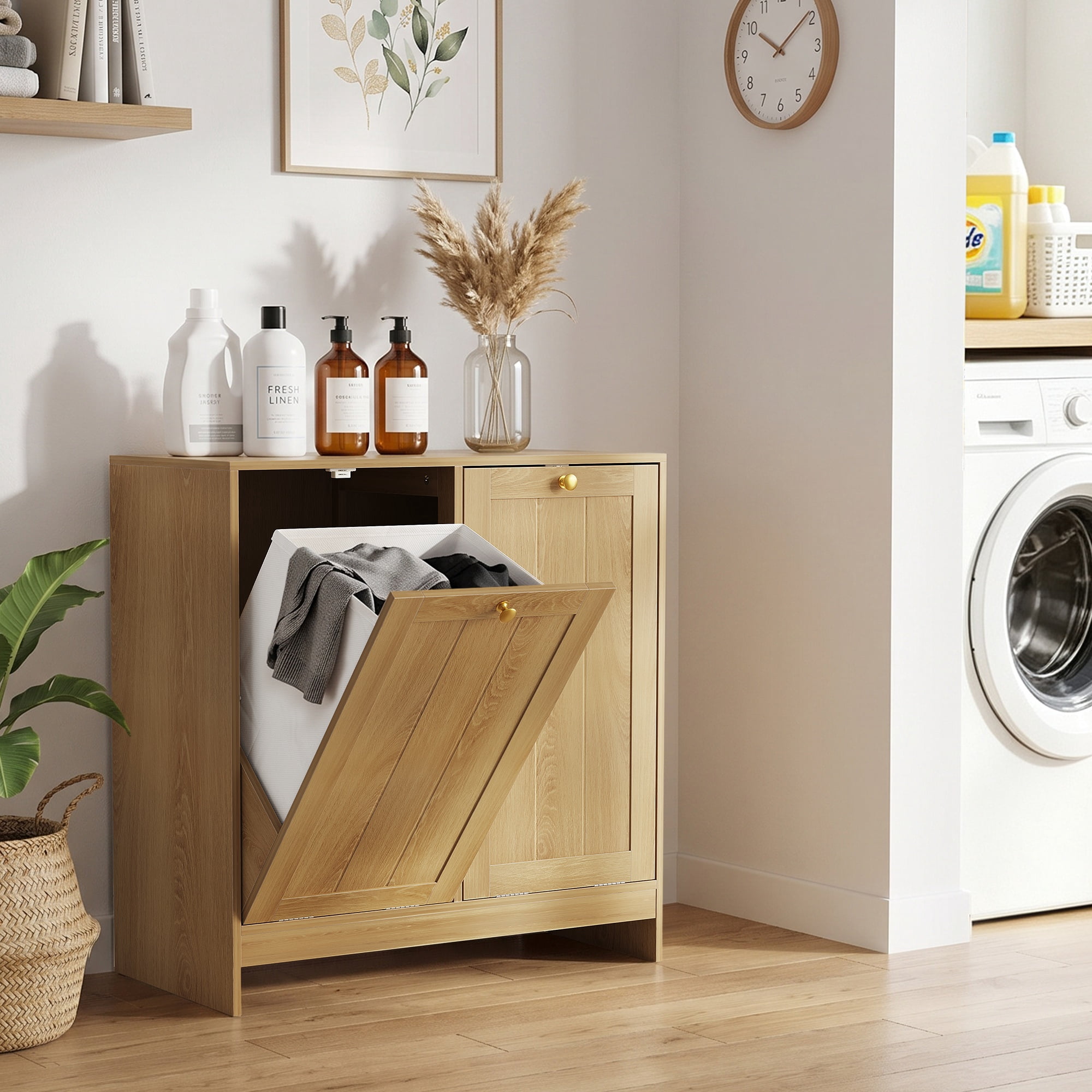 Laundry Hamper 25.98 Inch, Tilt-Out Storage Cabinet with Removable Fabric Baskets, Bathroom Organizer and Laundry Room Storage, Oak