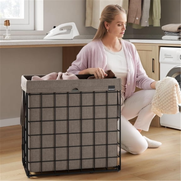 Laundry Hamper, 29 Gal. (110L) Laundry Basket, Collapsible Clothes Hamper, Removable and Washable Liner, Metal Wire Frame, for Bedroom Bathroom, Black and Camel Brown
