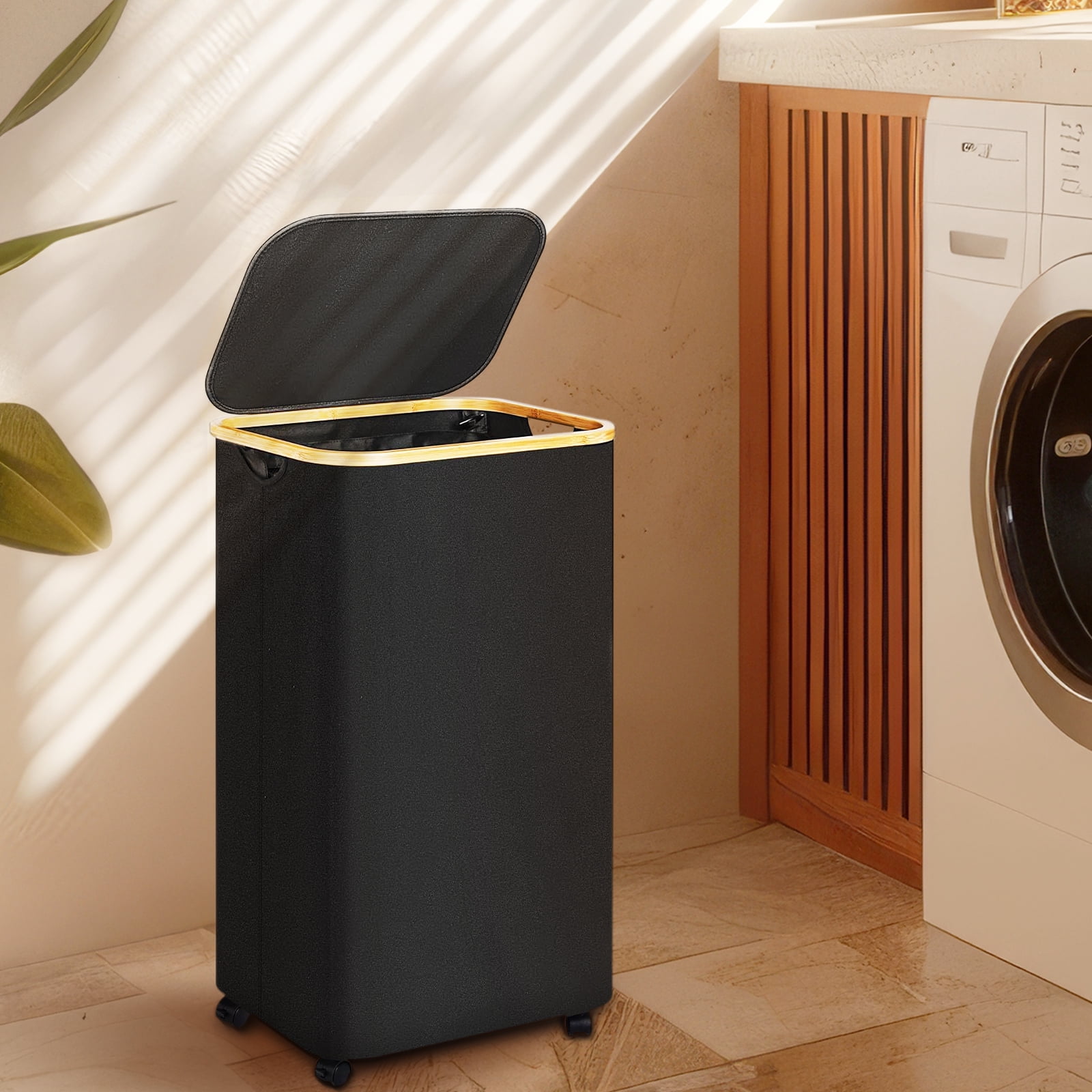 Laundry Hamper, 29 Gal (110L) Rolling Clothes Basket with Bamboo Handle Wheels and Lid, Large Laundry Hamper for Bedroom, Bathroom, Dorm, Laundry Room - Black