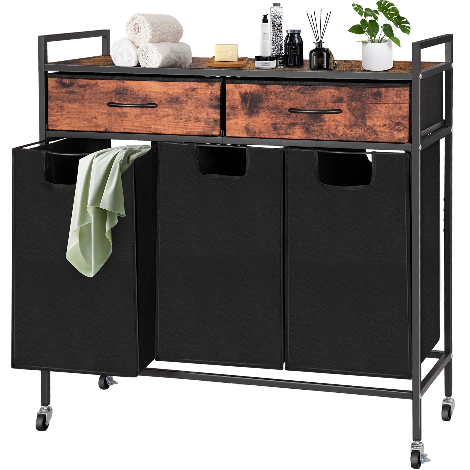 Laundry Hamper 3 Partitions with Drawers Waterproof Oxford Clothes Hamper Black Laundry Basket - Laundry Room (3 X 12 Gallons / 45 Liters)
