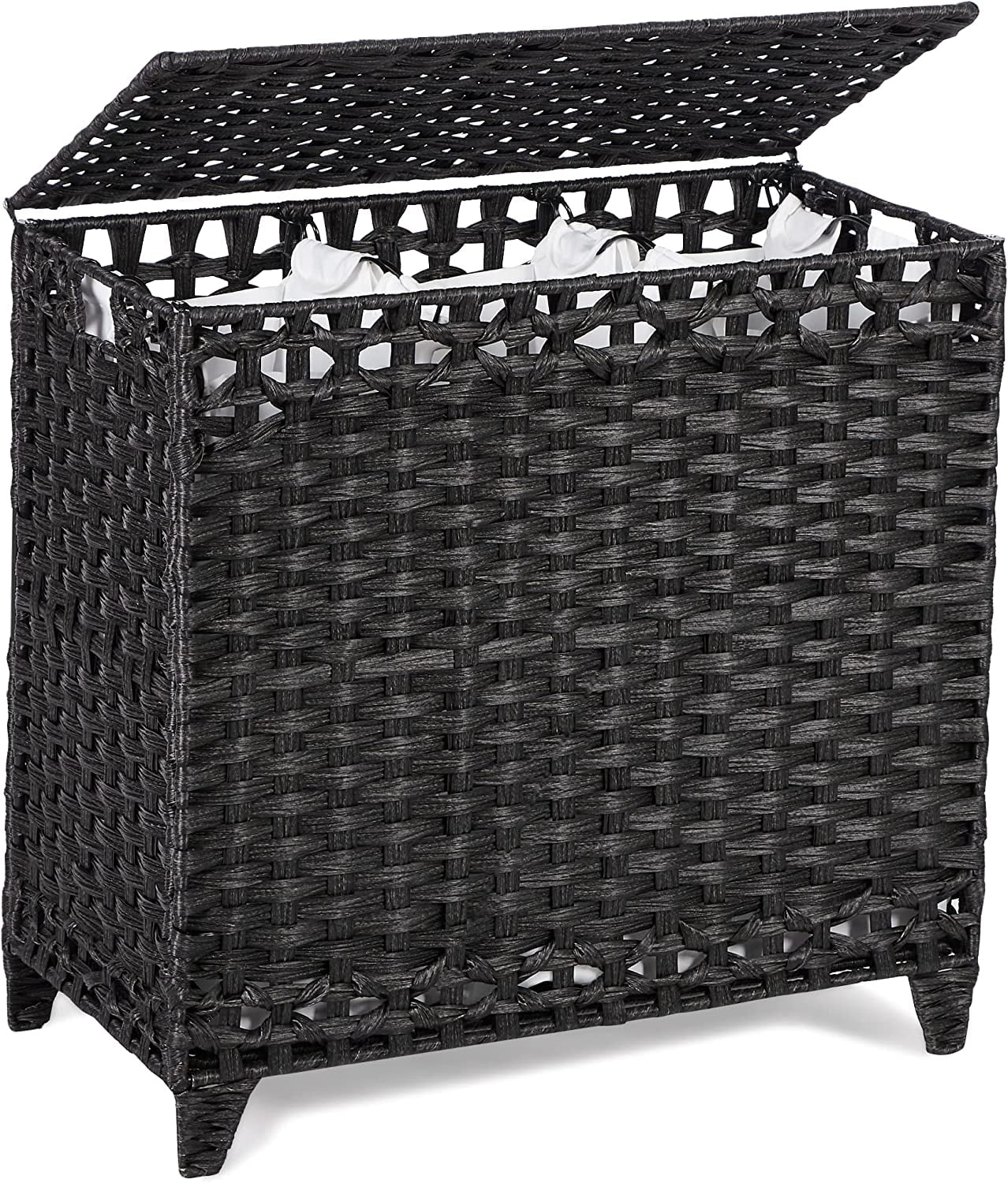 Laundry Hamper with 3 Removable Liner Bags; 132L Handwoven Rattan Laundry Basket with Lid & Heightened Feet; Clothes Hamper with Side Handles; Laundry Sorter with 3 Separate Sections