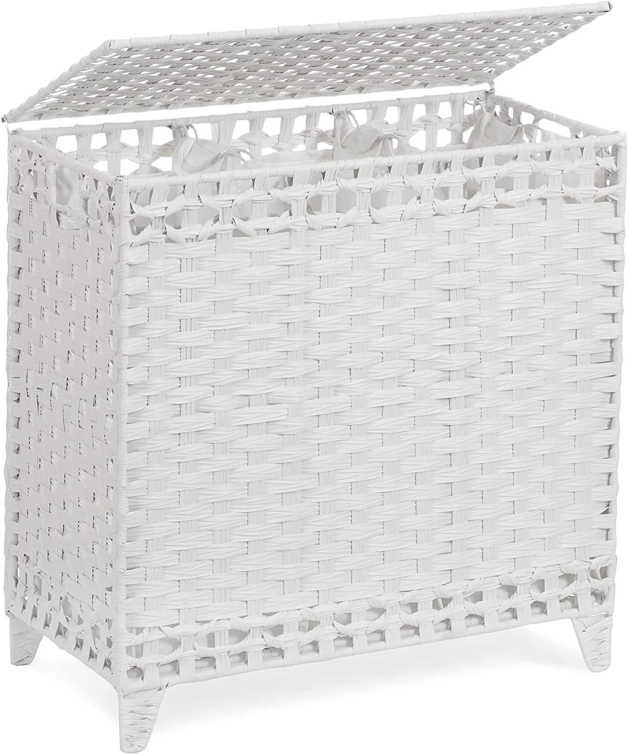 Laundry Hamper with 3 Removable Liner Bags; 132L Handwoven Rattan Laundry Basket with Lid & Heightened Feet; Clothes Hamper with Side Handles; Laundry Sorter with 3 Separate Sections