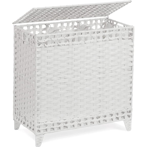 Laundry Hamper with 3 Removable Liner Bags; 132L Handwoven Rattan Laundry Basket with Lid & Heightened Feet; Clothes Hamper with Side Handles; Laundry Sorter with 3 Separate Sections (White)