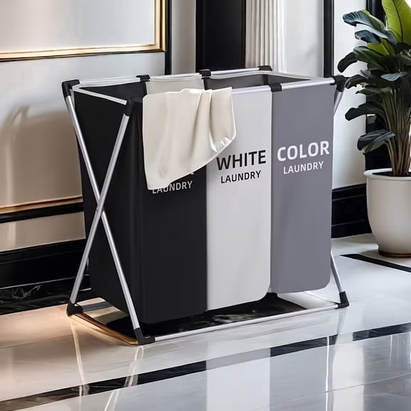 Laundry Hamper 3 Section Foldable Laundry Basket with Handles for Dirty Clothes in Dorm,  Bathroom and Laundry Room