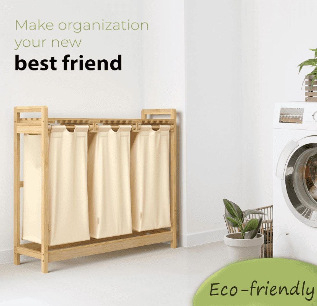 Large Bamboo 3-Bins Laundry Sorter Hamper with Removable Bags, Sliding ...