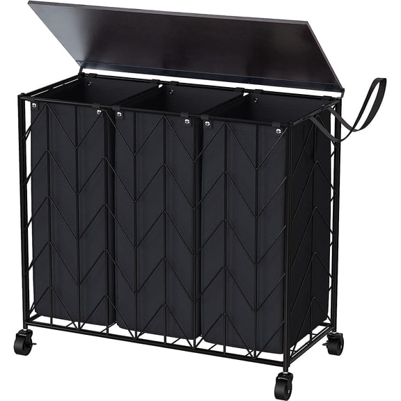 Laundry Hamper 3 Section with Lid, 142L Laundry Basket with Wheels | Rolling Dirty Clothes Hamper with Removable Bags, Large Iron-Made Laundry Basket Organizer Laundry Sorter for Dorm, Black