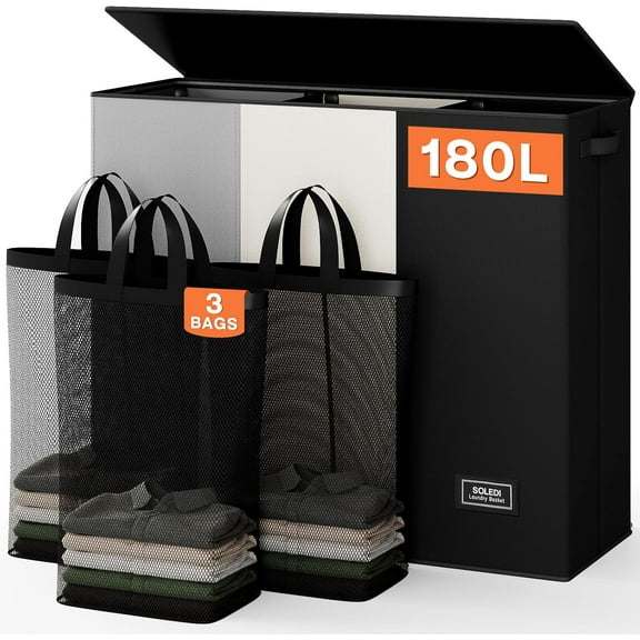 Laundry Hamper 3 Section with Lid and 3 Pcs Laundry Bag, Large Hamper 3 Compartment 180L, Basket Sorter for Bedroom Blanket Storage