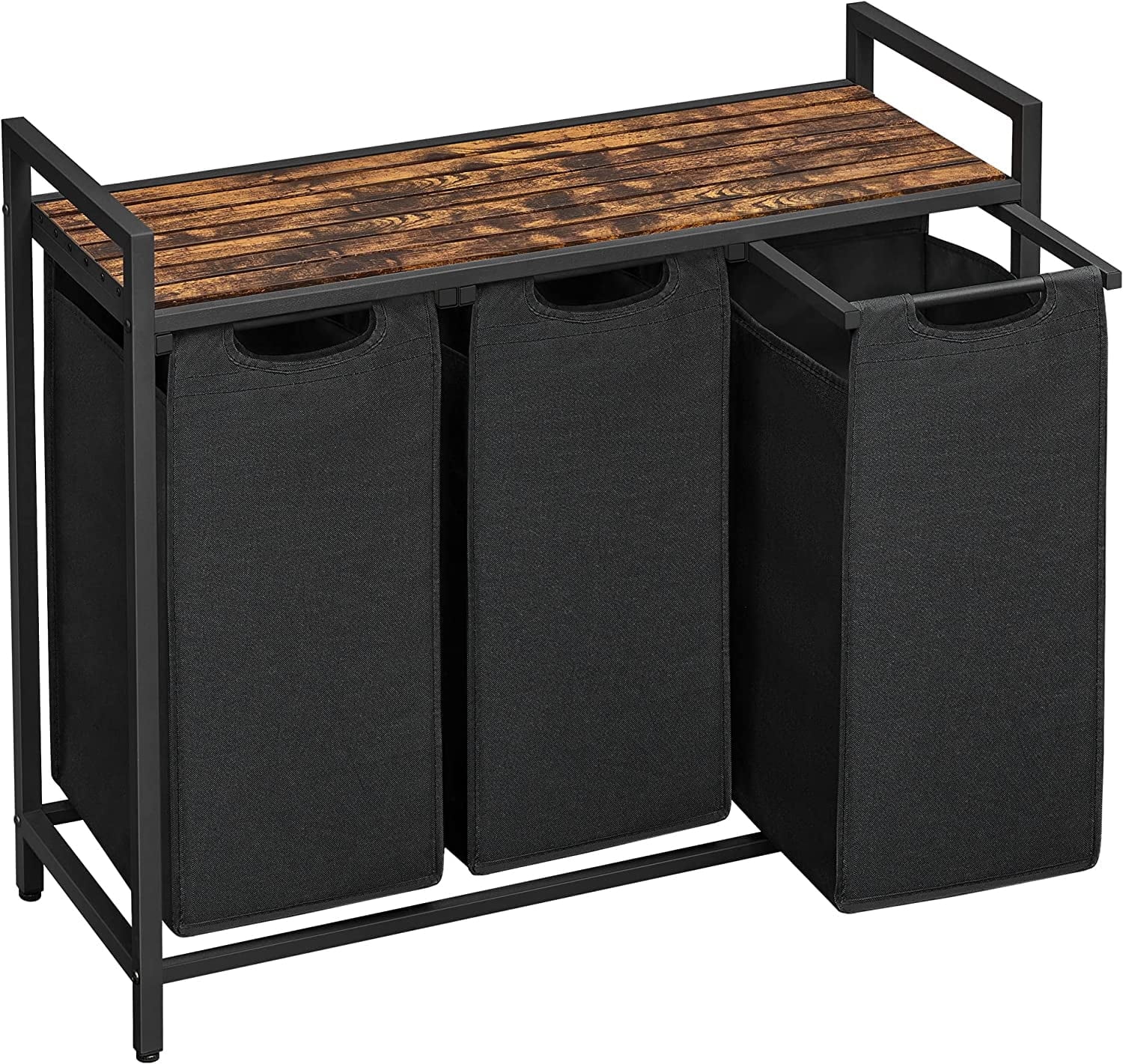 Laundry Hamper, 3 X 45L Laundry Bags & 2 Tier Adjustable Storage Shelf, Pull-Out and Removable Oxford Fabric Laundry Baskets, for Home/Hotel Black