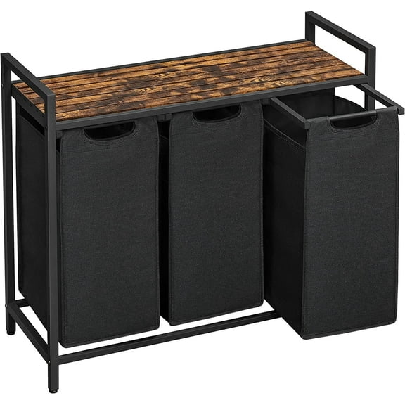 Laundry Hamper, 3 X 45L Laundry Bags & 2 Tier Adjustable Storage Shelf, Pull-Out and Removable Oxford Fabric Laundry Baskets, for Home/Hotel Black