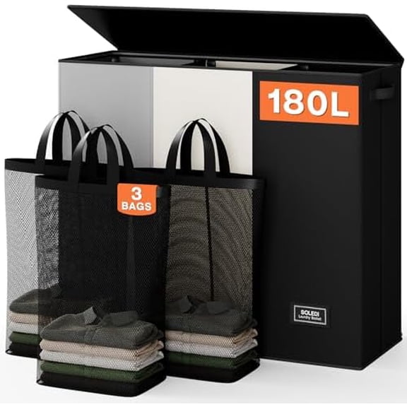 Laundry Hamper 3 section with lid and 3 Pcs Bag, Large Hamper 3 compartment 180L, Laundry Basket Laundry sorter Clothes hamper for Laundryroom Bedroom Blanket Storage Organizer