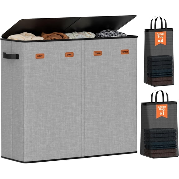 Laundry Hamper 4 Compartment with Lid, Clothes Hampers for Laundry, Grey | 185L 4-Compartment, 5 Removable Bags, Switchable 3 or 4 Section, Laundry Basket Organizer for Bedroom, Laundry Room