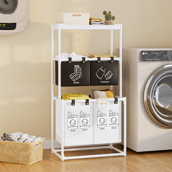 Laundry Hamper 4 Section Clothes Storage Rack Laundry Basket Organizer Laundry Sorter Large Capacity Storage Case with Top Shelf for Bathroom Dorm Laundry Room
