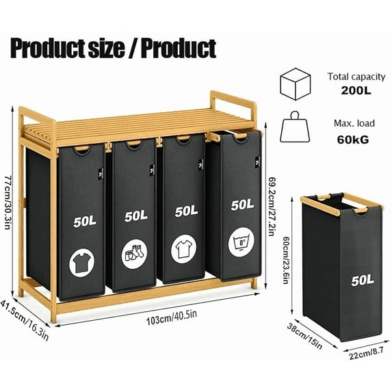 Laundry Hamper 4 Section Large Bamboo Laundry Sorter with Removable Bags -Three Compartment Organizer for Clothes - Durable, Eco-Friendly, and Stylish Storage Solution for Home
