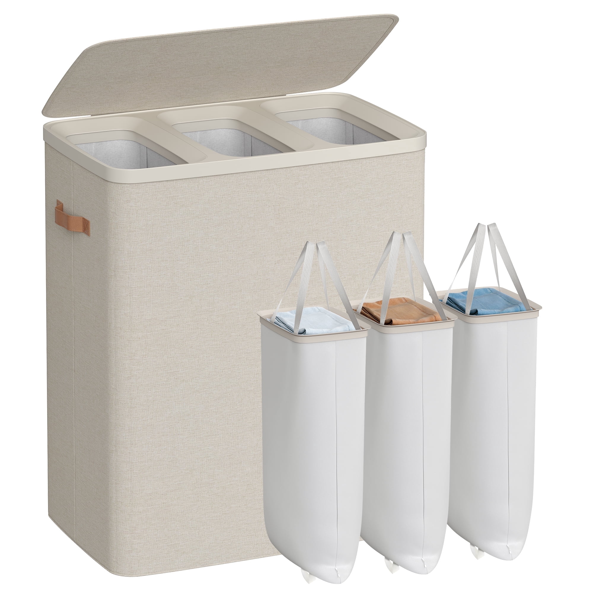 Laundry Hamper, 50.2 Gal 3-Compartment Basket with Lid & Removable Liners, for Whole Family Laundry Sorting, Cappuccino Beige
