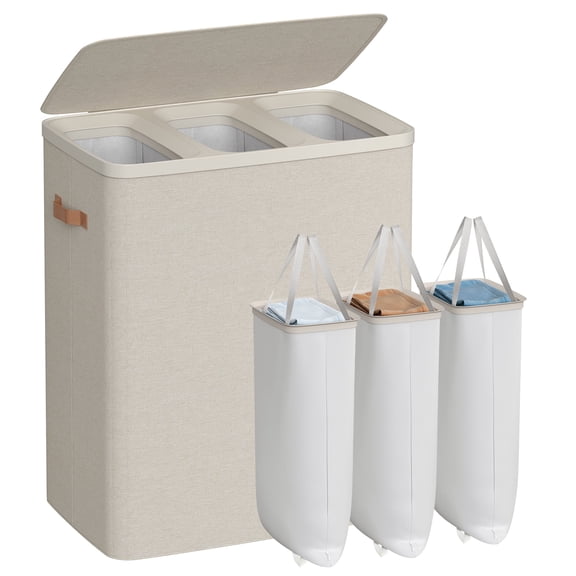 Laundry Hamper, 50.2 Gal 3-Compartment Basket with Lid & Removable Liners, for Whole Family Laundry Sorting, Cappuccino Beige