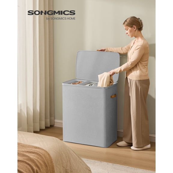 Laundry Hamper, 50.2 Gal 3-Compartment Basket with Lid & Removable Liners, for Whole Family Laundry Sorting, Dove Gray