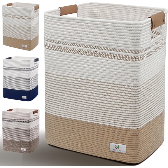 Large Laundry Hamper Basket, 85L Cotton Rope Woven Storage Bin for Blankets, Dirty Clothes Toys, Decorative Tall Basket with Leather Handles for Living Room, Bedroom, Bathroom, Nursery, Jute