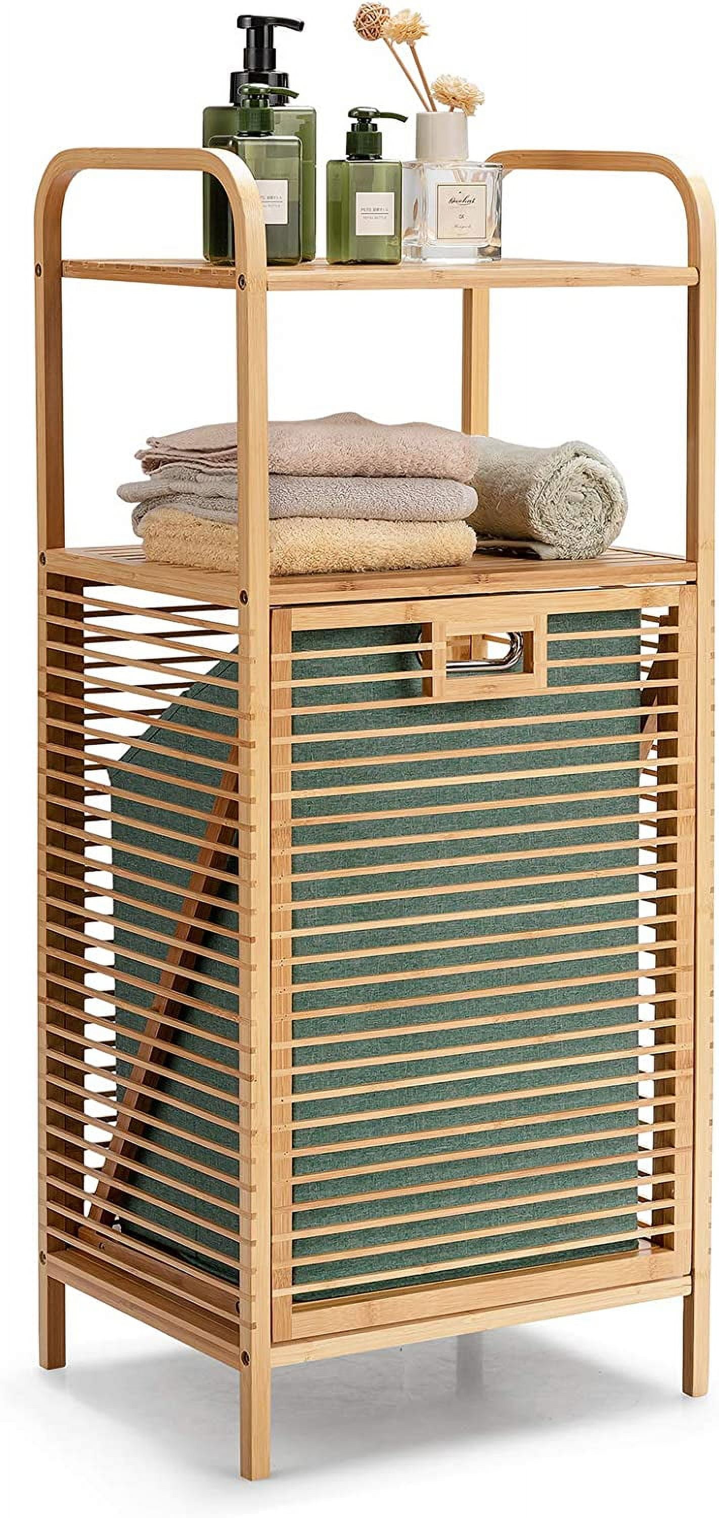 Laundry Hamper Bamboo W/Removable Liner, 2Tier Shelves TiltOut Design