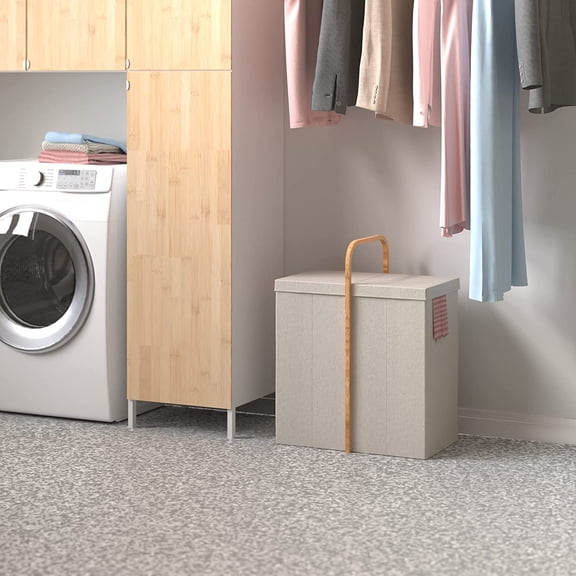 Laundry Hamper Basket, Foldable with Lid, Two Compartments, Bamboo Handle, Portable, Collapsible Design, Freestanding, Beige