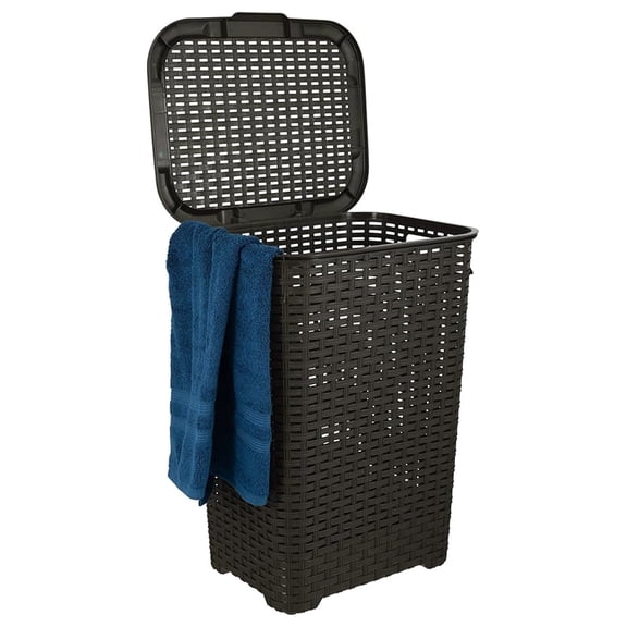 Laundry Hamper Basket With Lid 60 Liter - Deluxe Wicker Style Brown Color - 1.70 Bushel Bin With Cutout Handles To Storage Dirty Cloths in Washroom Bathroom, Or Bedroom. By
