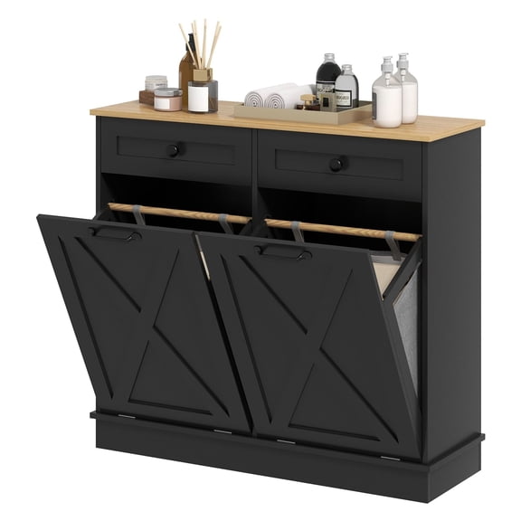 Laundry Hamper Cabinet, Bathroom Storage - Tilt Out Baskets & Drawers, Black