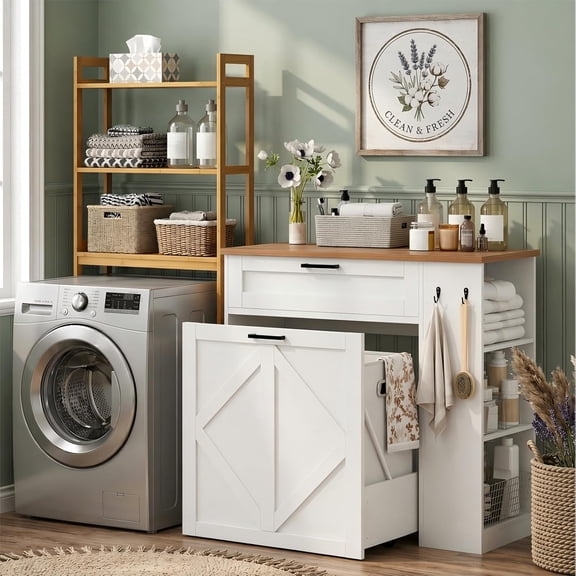 Laundry Hamper Cabinet, Double Laundry Cabinet with Two 11 Gallon Baskets and Drawer, Pull-Out Storage Unit with Adjustable Shelves, Hooks, for Bathroom, Living Room, Kitchen, White and Walnut