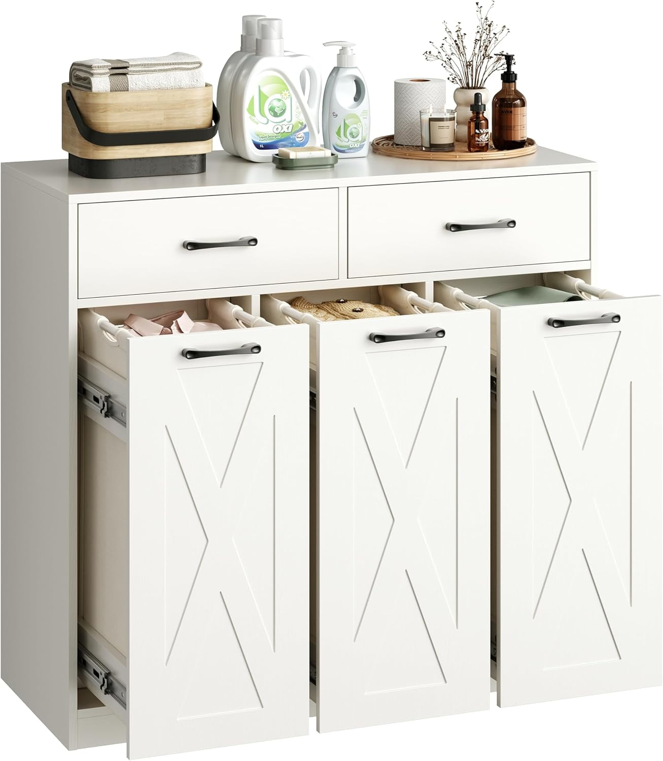 Laundry Hamper Cabinet, Laundry Basket 3 Section with 2 Storage Drawers, Laundry Sorter with Pull-Out Removable Large Bags, 3 x 15.87 Gallons (60L), for Laundry Room Bathroom, White YL01XLW