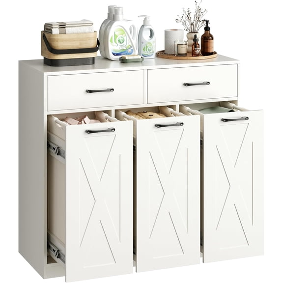 Laundry Hamper Cabinet, Laundry Basket 3 Section with 2 Storage Drawers, Laundry Sorter with Pull-Out Removable Large Bags, 3 x 15.87 Gallons (60L), for Laundry Room Bathroom, White YL01XLW