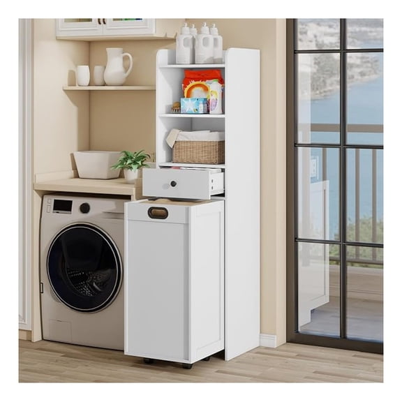 Laundry Hamper Cabinet, Laundry Cabinets and Storage with Multi Shelves, Movable Laundry Hamper Cabinet for Bathroom or Laundry Room Organization, White