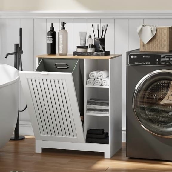 Laundry Hamper Cabinet with Tilt-Out Door, 2-in-1 Laundry Storage Cabinet with Removable Basket & 3 Open Shelves, Freestanding Organizer for Laundry Room, Bathroom$$Home Decor, Kitchen, & Other