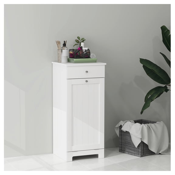 Laundry Hamper Cabinet, White - Tilt Out Hamper with Drawer, Hidden Laundry Storage, Modern Beadboard Design for Bathroom, Bedroom, Closet