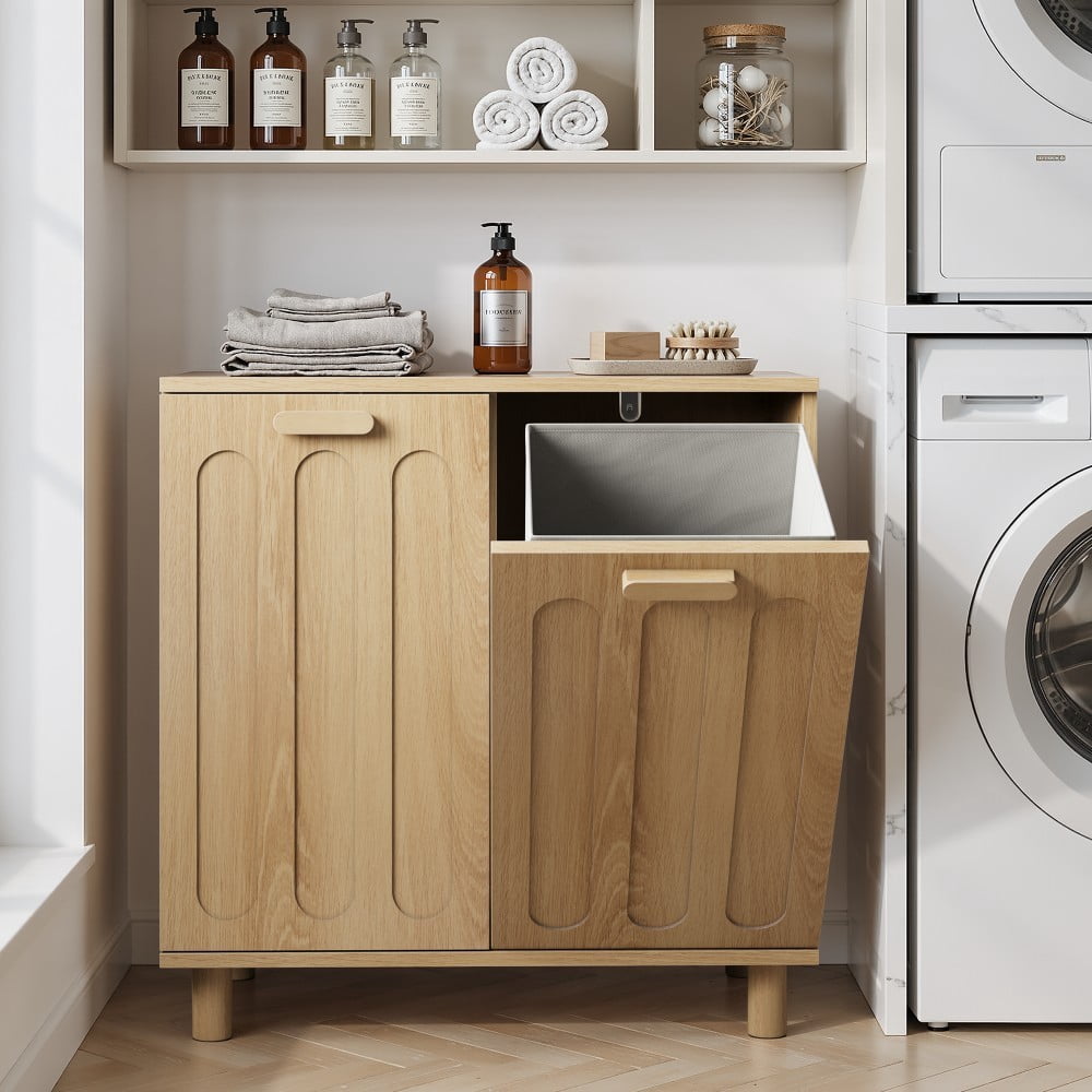 Laundry Hamper Cabinet with 2 Removable Baskets, Tilt-Out Laundry Storage Cabinet, Freestanding Clothes Sorter for Bathroom, Laundry Room, Oak