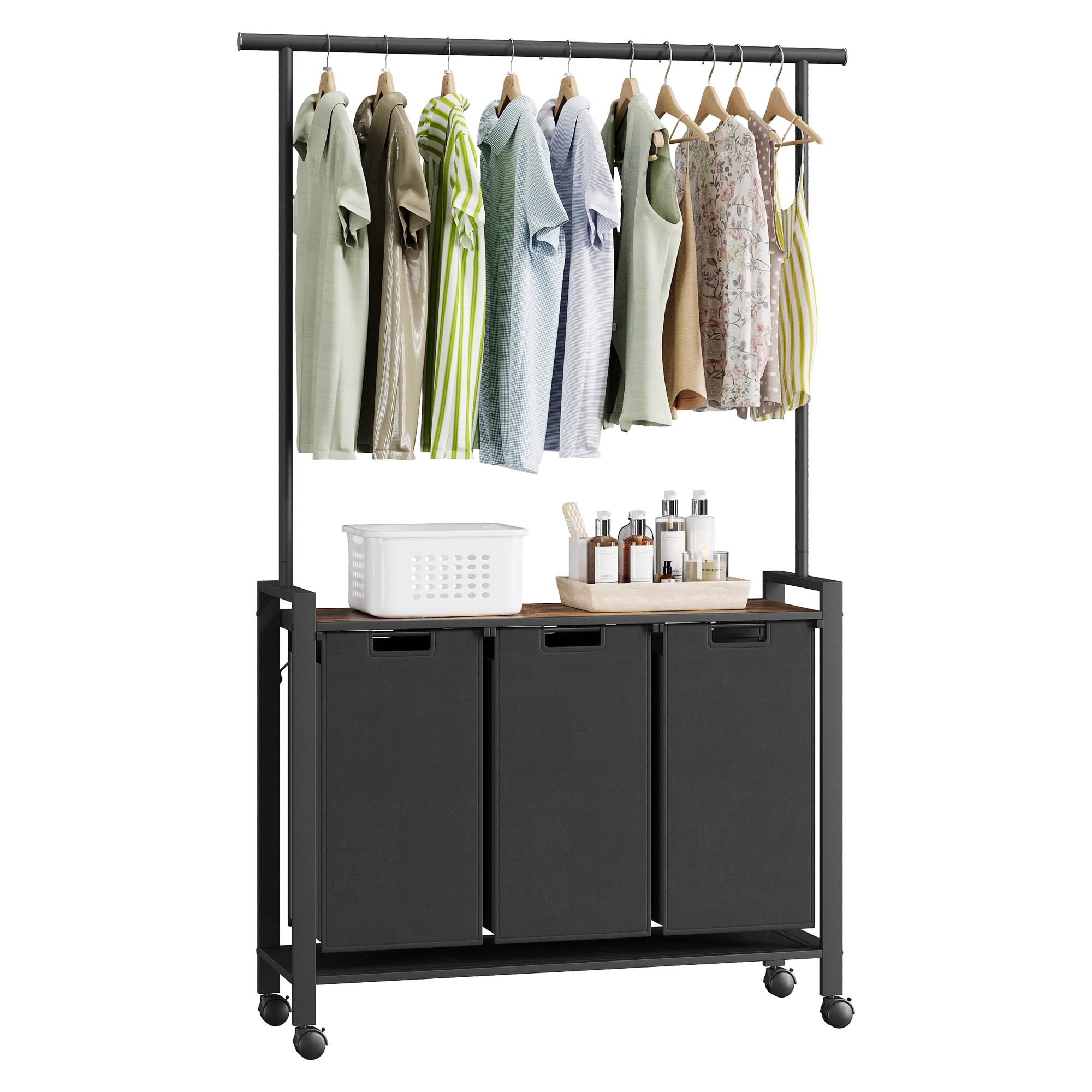 Laundry Hamper Cart with Hanging Bar, 3 x 13 Gal Laundry Sorter, 3 Removable Bags Laundry Baskets with Wood Top Table & Wheels, Laundry Sorter for Laundry Room Organization