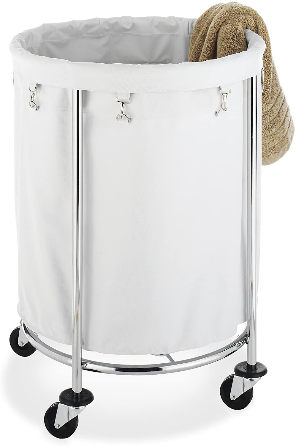 Round Chrome Laundry Hamper with Wheels and Removable Liner