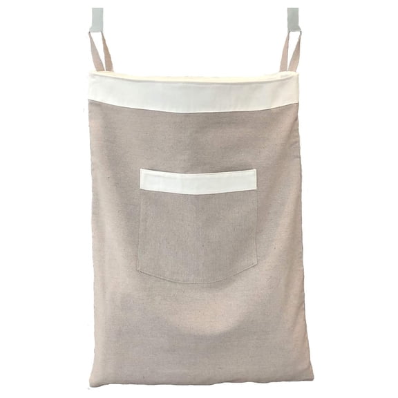 Laundry Hamper Over the Door - Linen Bag with Drawstring & Strap - 27x20 Inch - Stylish Bedroom & Bathroom Storage - Durable Linen Fabric - Front Pocket