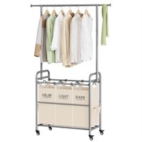 Laundry Hamper with Hanging Rack, Laundry Sorter 3 Section, Rolling Laundry Cart with Heavy Duty Lockable Wheels, Laundry Basket Organizer for Dirty Clothes Storage, 3 Beige