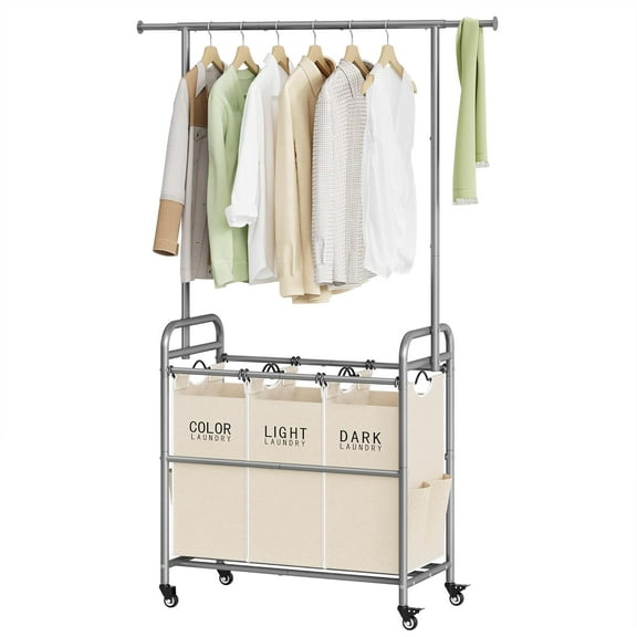Laundry Hamper with Hanging Rack, Laundry Sorter 3 Section, Rolling Laundry Cart with Heavy Duty Lockable Wheels, Laundry Basket Organizer for Dirty Clothes Storage, 3 Beige